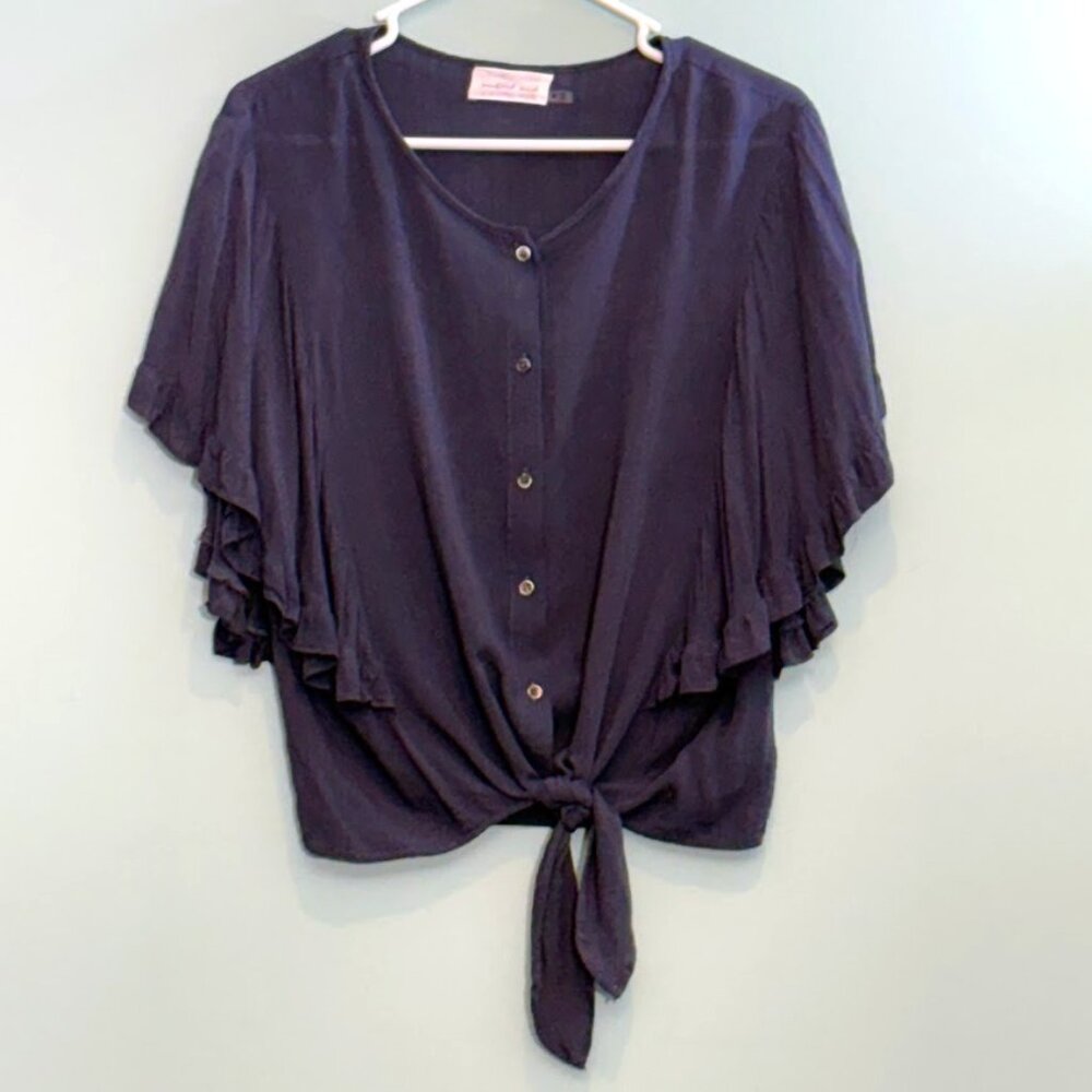 Gray Blue Batwing Sleeve ruffle tie front blouse Mustard Seed M